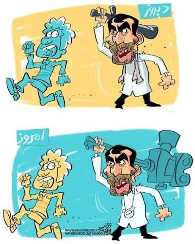 Cartoon "The Goal Is the Same, Only the Weapon Has Changed!": "Yesterday", a bearded man in white chases a terrified young man with a club; "Today", the same man chases him with a TV camera