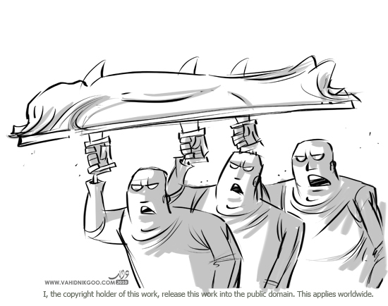 Black and white cartoon by Vahid Nikgoo, 2010: three angry men carry a covered body on a stretcher above their heads